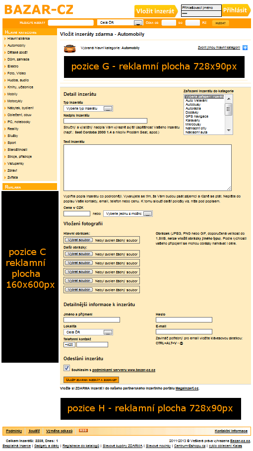 reklamní plochy na stránce s přidáním inzerátu